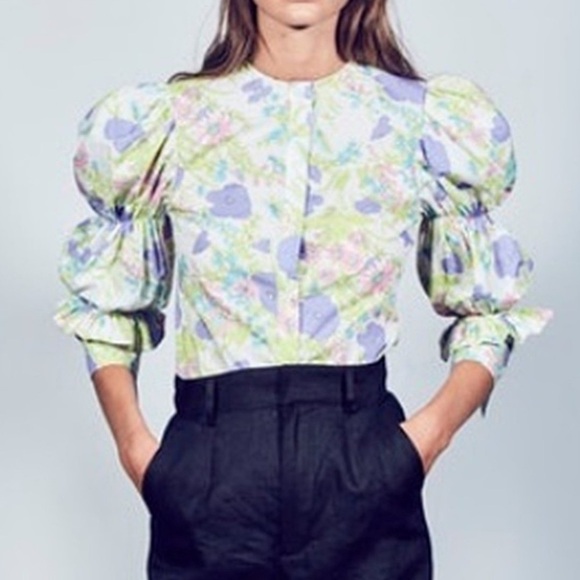 Les Reveries Elizabeth Shirt In Lavender Hydrangea White M Puff Sleeves Prairie - Picture 1 of 11